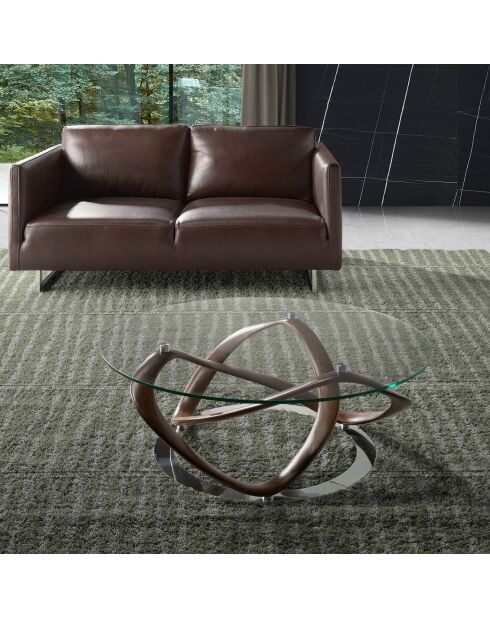 Table basse ronde transparent/noyer - 100x100x39 cm