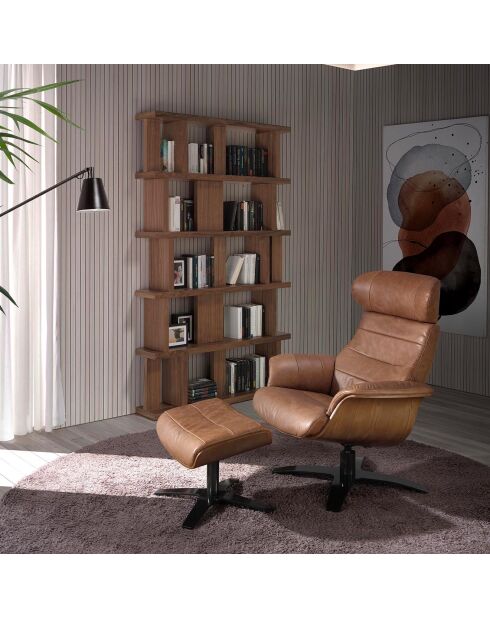 Pouf rembourré en Cuir camel/noir  - 52x42x39 cm