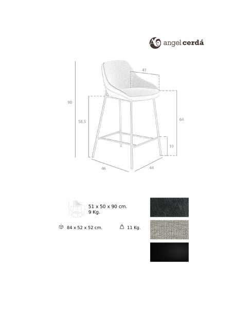 Tabouret en tissu et éco-cuir gris/noir  - 51x50x90 cm