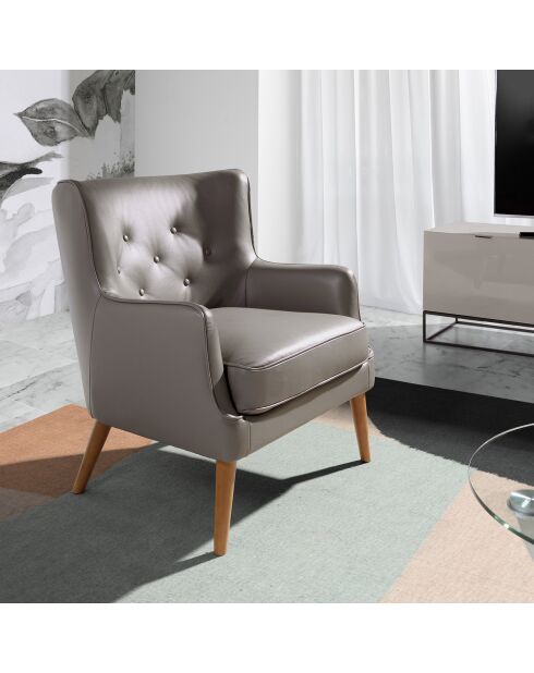 Fauteuil en cuir avec dossier gris/noyer - 75x80x89 cm