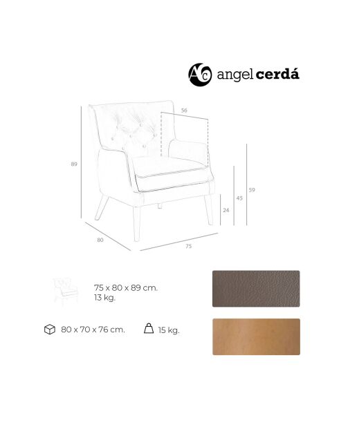 Fauteuil en cuir avec dossier gris/noyer - 75x80x89 cm