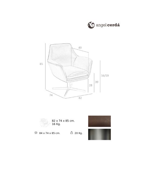 Fauteuil pivotant en Cuir acier/cognac - 82x74x85 cm