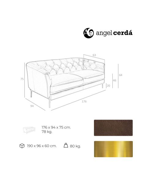 2-zitsbanken in cognac/goud leer - 188x94x75 cm