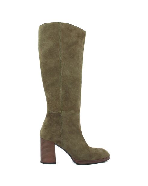 Bottes en Velours de Cuir Dolce kaki - Talon 8.5 cm