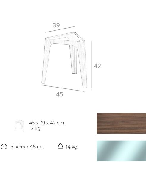 Table d'appoint avec plateau triangulaire fixe noyer/verre - 45x39x42 cm