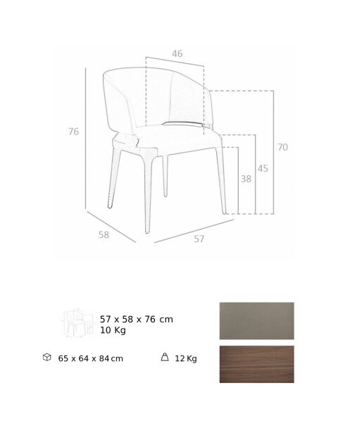 Chaise de salle à manger en Cuir noyer/vison - 57x58x76 cm