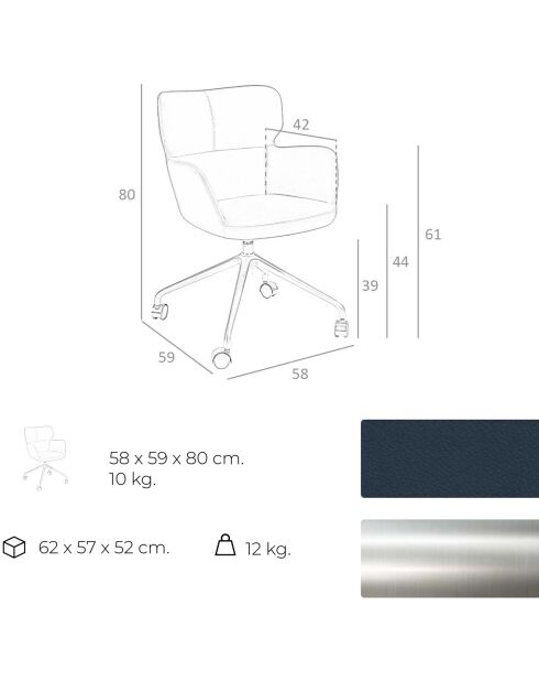 Bureaudraaistoel met armleuningen grijs/blauw - 58x59x80 cm