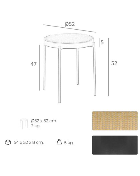 Mesa auxiliar redonda con tapa de ratán natural/negro - 52x52x52 cm