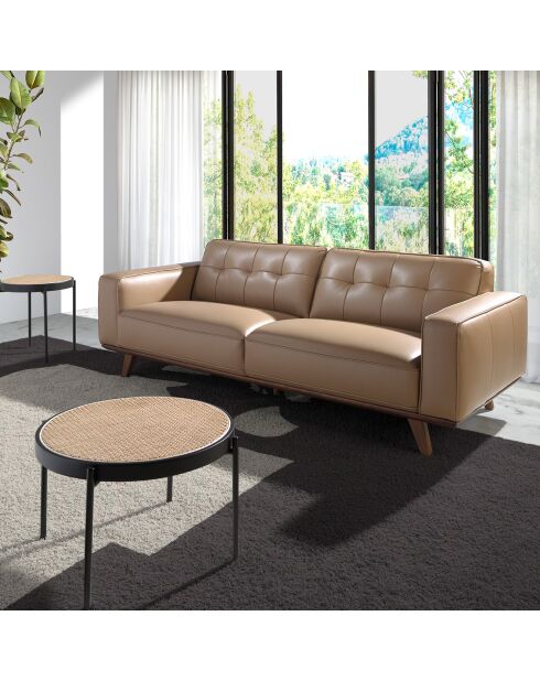 Table basse ronde plateau en rotin naturel/noir - 66x66x40 cm