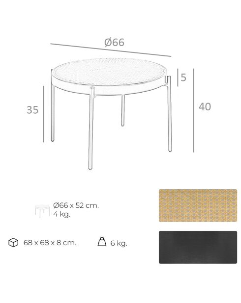 Table basse ronde plateau en rotin naturel/noir - 66x66x40 cm