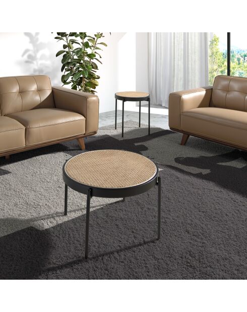 Runder Couchtisch mit natürlicher/schwarzer Rattanplatte - 66x66x40 cm