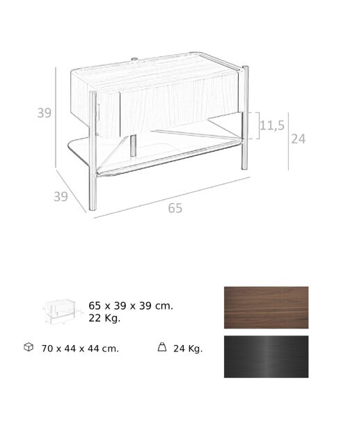 Table de chevet avec un tiroir de rangement. noyer/noir - 65x39x39 cm