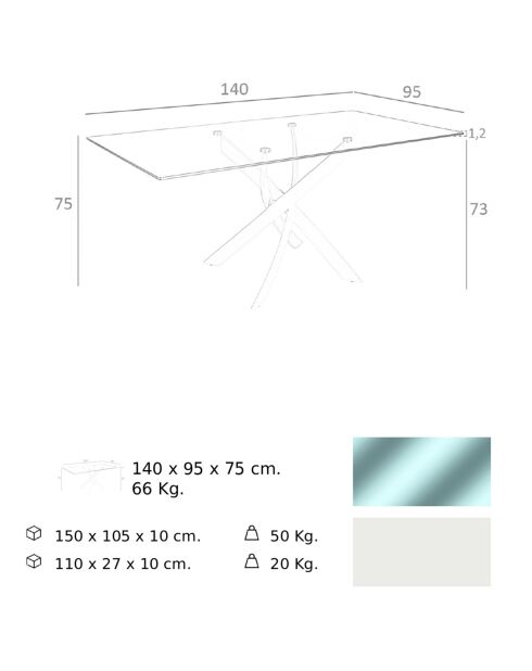 Table de salle à manger avec plateau en verre trempé transparent/blanc - 140x95x75 cm