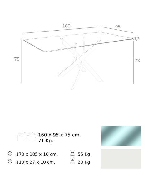 Mesa de comedor con tapa de cristal templado transparente/blanco - 160x95x75 cm