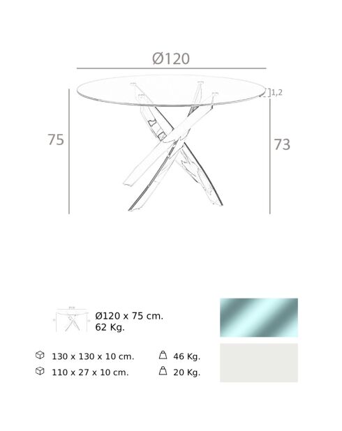 Table de salle à manger avec plateau en verre trempé transparent/blanc  - 120x120x75 cm