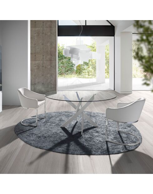 Table de salle à manger plateau en verre trempé transparent/blanc - 140x140x75 cm