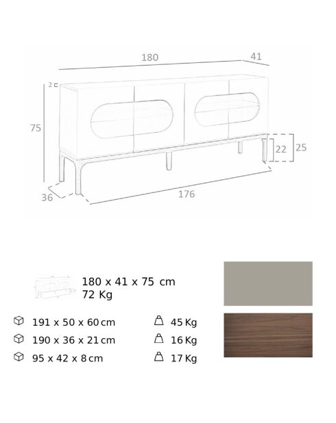 Buffet con iluminación gris/nogal - 180x41x75 cm