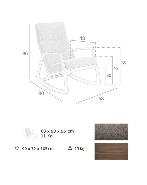 Fauteuil à bascule gris/noyer - 68x90x96 cm
