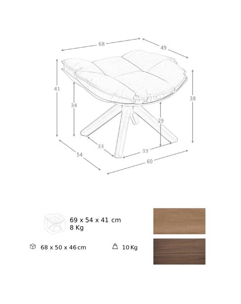 Pouf rembourré en Velours marron/noyer - 69x54x41 cm
