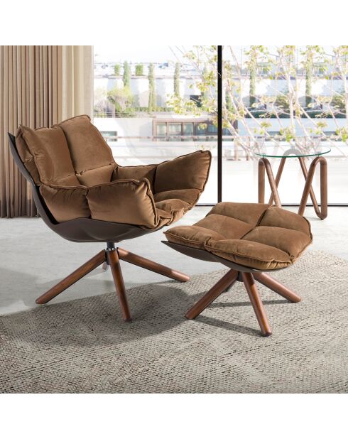 Pouf rembourré en Velours marron/noyer - 69x54x41 cm