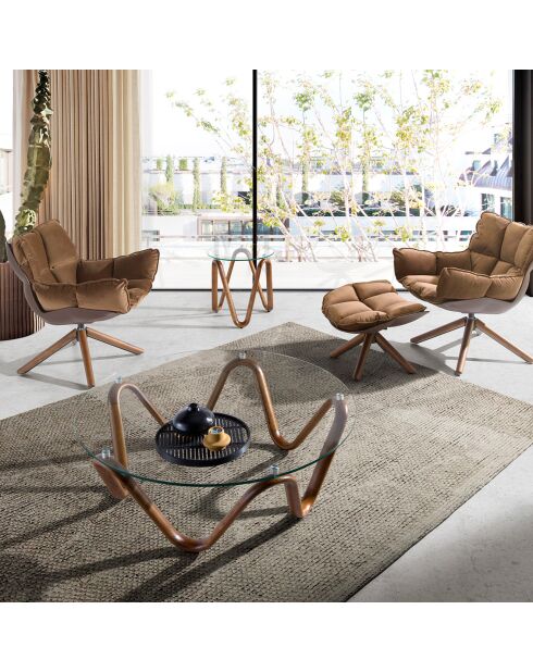 Table basse ronde au design moderne cristal/noyer - 50x50x51 cm
