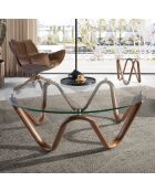 Table basse ronde au design moderne cristal/noyer - 50x50x51 cm