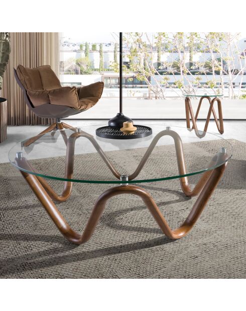Table d'appoint ronde moderne. cristal/noyer - 115x115x38 cm