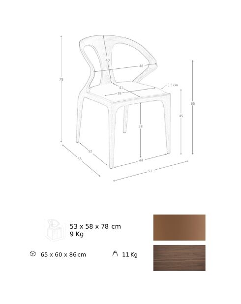 Chaise en similicuir marron avec dossier marron/noyer - 53x58x78 cm