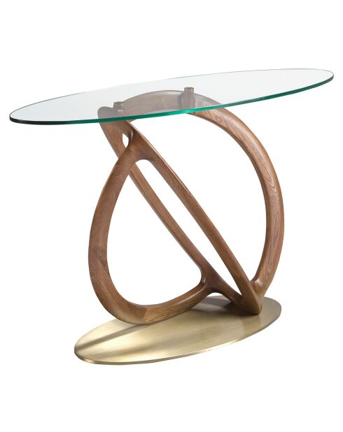 Table console ovale cristal/noyer/doré  - 125x45x80 cm