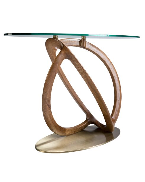 Table console ovale cristal/noyer/doré  - 125x45x80 cm