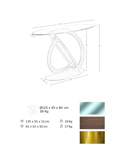 Table console ovale cristal/noyer/doré  - 125x45x80 cm