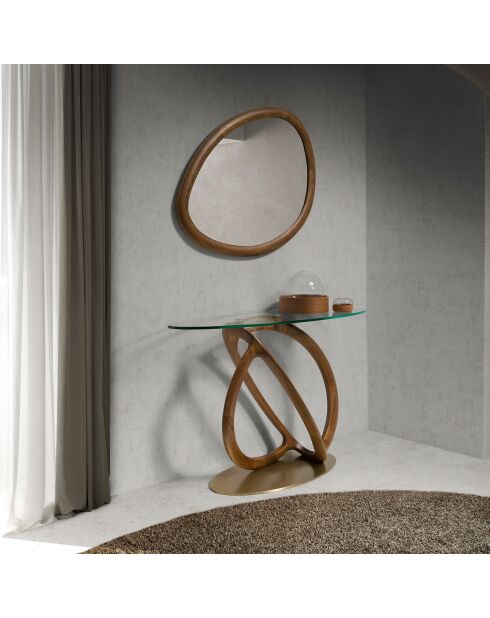 Table console ovale cristal/noyer/doré  - 125x45x80 cm