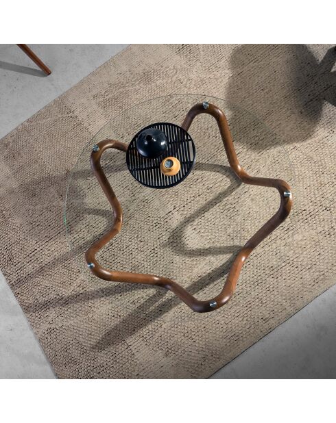 Table basse ronde au design moderne cristal/noyer - 50x50x51 cm