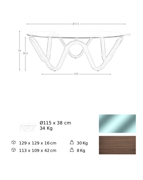 Table basse ronde au design moderne cristal/noyer - 50x50x51 cm