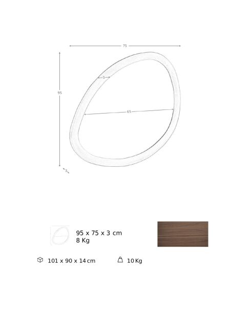 Miroir mural organique avec cadre en bois noyer - 95x75x3 cm