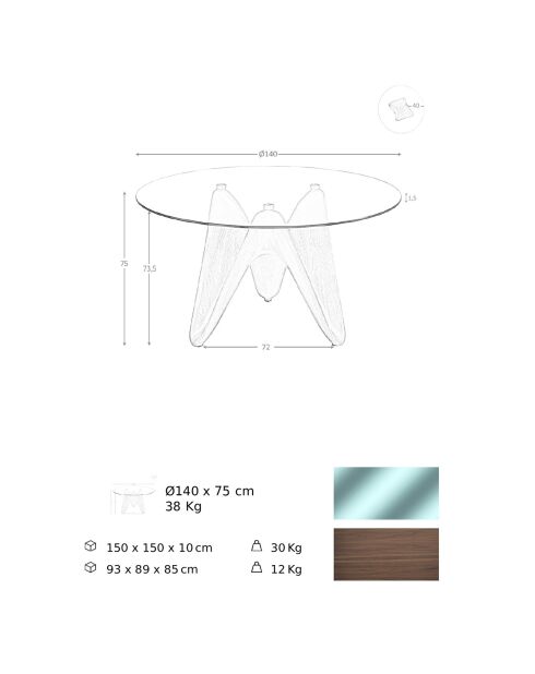 Table de salle à manger ronde moderne cristal/noyer - 140x140x75 cm