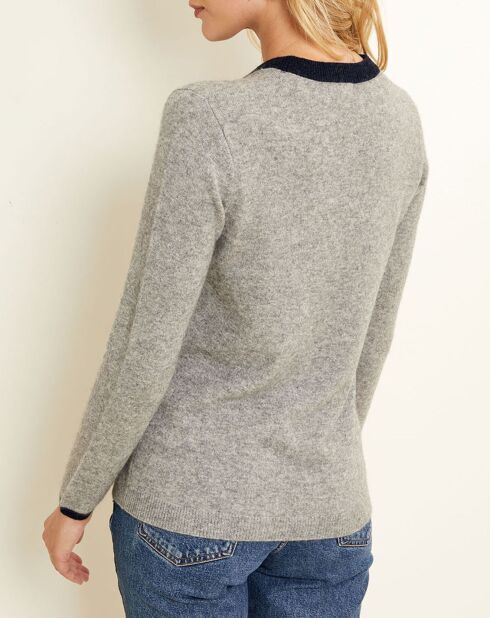 Pull 100% Cachemire col rond Bicolore Col gris chiné clair/nuit