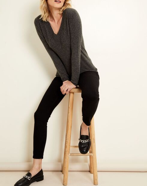 Pull 100% Cachemire col V gris chiné foncé