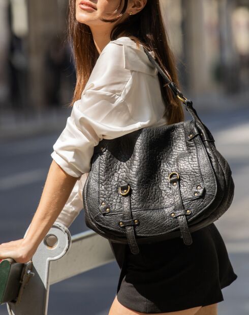 Bolso de hombro Jamily de piel de cordero negro - 36x28x9 cm