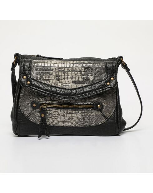 Sac bandoulière en Cuir d'Agneau Giulia noir/imprimé python gris - 23.5x19.5x3 cm