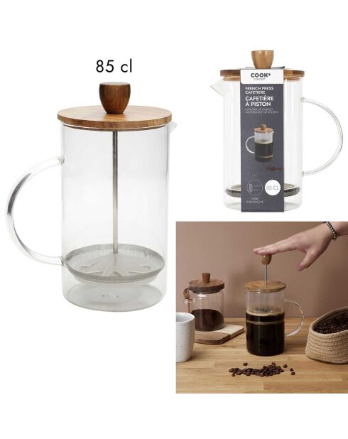 Caffettiera francese in vetro di acacia trasparente - 14x19x9,6 cm