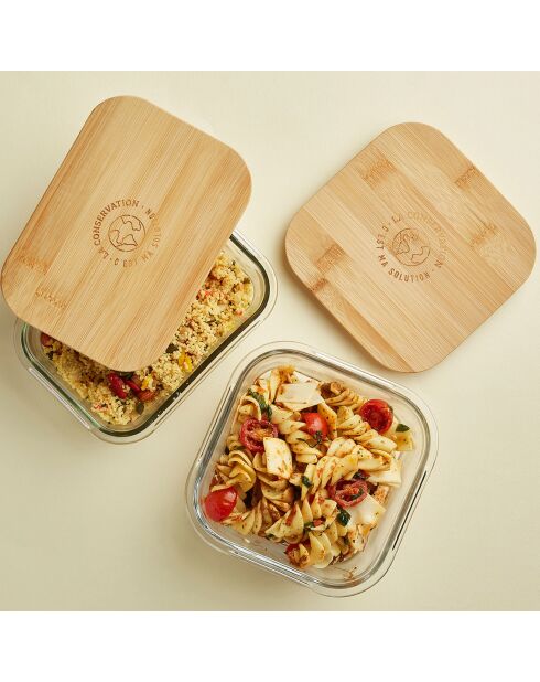 Boîte de conservation carrée avec couvercle en bambou transparente - 52cl