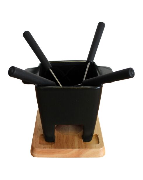 Fondue à chocolat en céramique - 4 personnes noir/bois - 13.5x9x9.7 cm