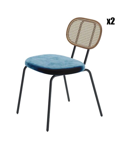 2 Chaises en rotin et velours Gabrielle bleues - 59x48.5x78 cm