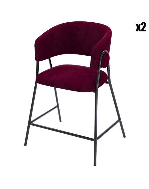 2 Tabourets de bar avec dossier, velours Bonnie bordeaux - 50.5x52.5x101.5 cm