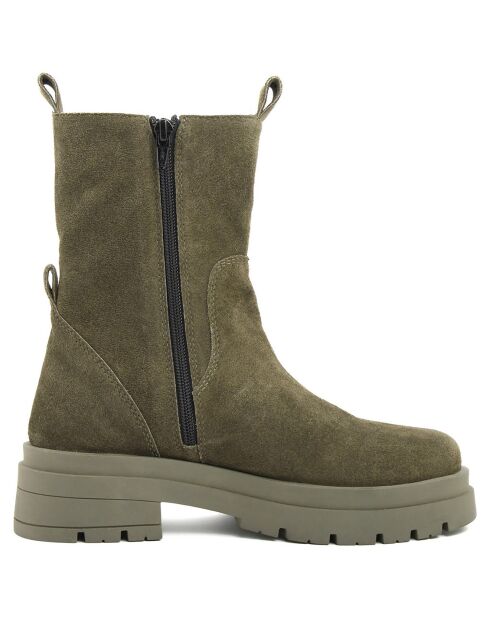 Boots en Velours de Cuir Elia kaki - Talon 5 cm