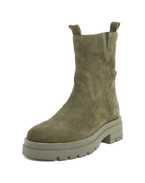 Boots en Velours de Cuir Elia kaki - Talon 5 cm