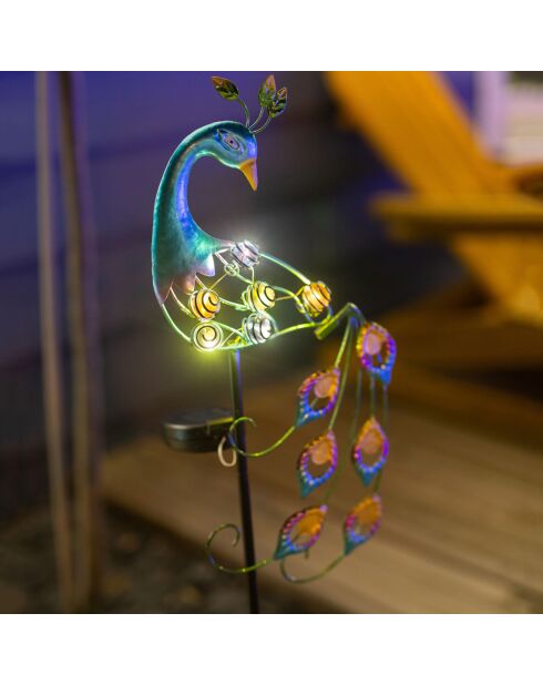 Paon lumineux solaire en métal multicolore  - H.90 cm