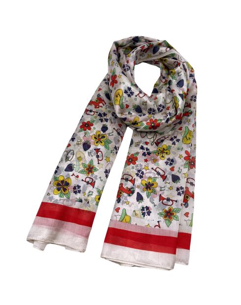 Foulard 100% Soie blanc/multicolore - 110x190 cm