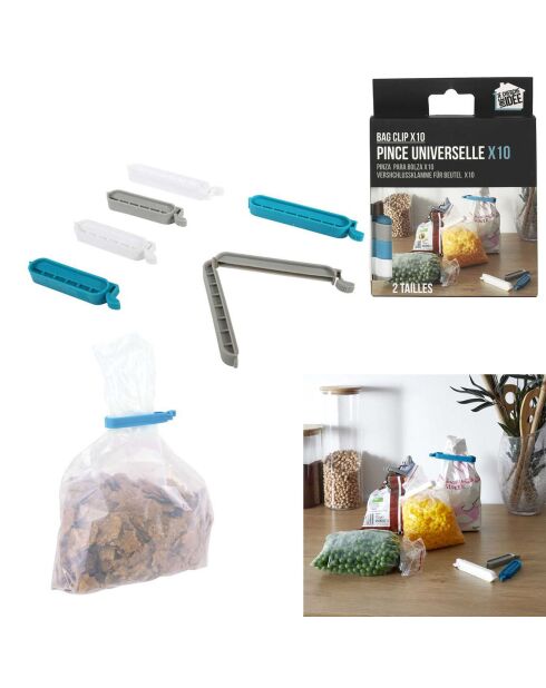 Borsa con chiusura a 10 clip bianco/blu/grigio - 10x1,7x1 cm